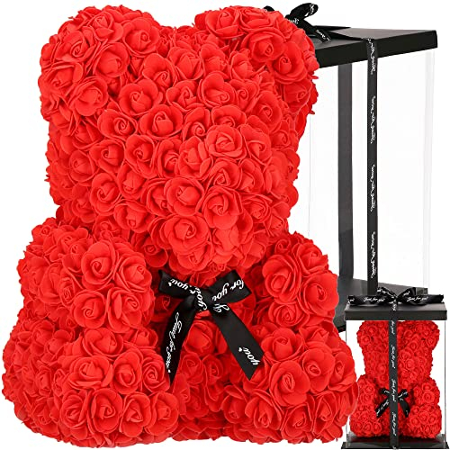 SPRINGOS Teddybär aus Rosen Rosenbär Geschenkbox mit Schleife Kunstblumenfigur Höhe 36 cm Geschenk für Mama Verlobung Geburtstagsgeschenk