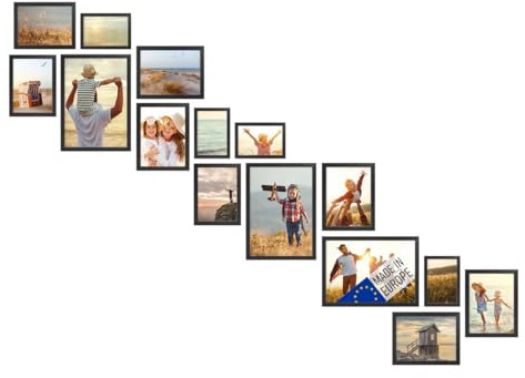 PHOTOLINI Bilderrahmen Set Holz Schwarz, Holzbilderrahmen Made in EU, 15er Rahmenset mit Acrylglas, Bilder Rahmen zum Aufhängen, Bilderrahmen Treppenhaus schwarz - für Ihre liebsten Fotos & Bilder