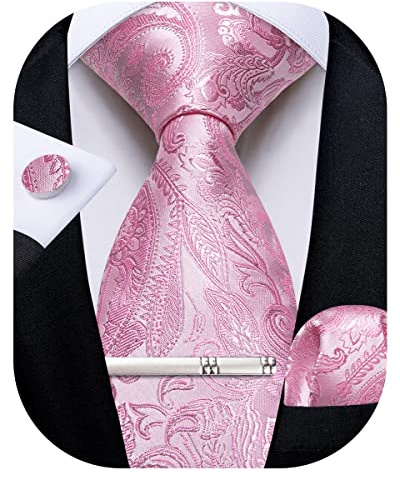 DiBanGu Herren-Krawatten-Set aus Seide, gewebt, Paisleymuster, Blumenmuster, mit Einstecktuch, Manschettenknöpfen, Krawattenklammer für Hochzeit, Business, Rosa Paisleymuster, Einheitsgröße