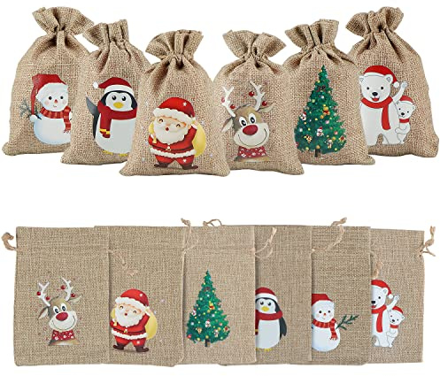 OWill Geschenktüten weihnachten,12 stück jutesäckchen weihnachten mit kordelzug,10x15cm nikolaussäckchen säckchen zum befüllen,jutesäckchen für adventskalender zum befüllen kinder