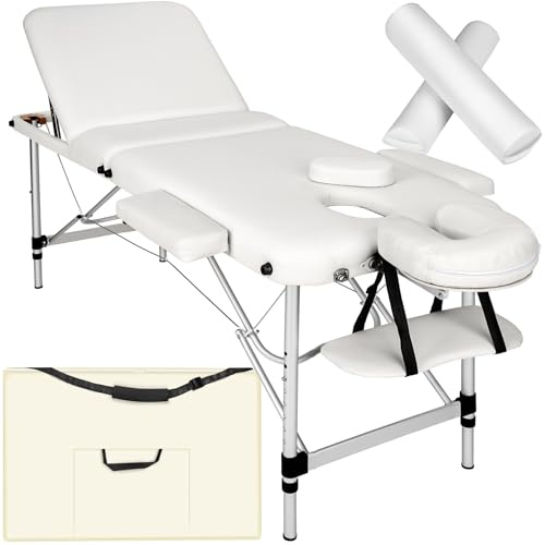 tectake® Massageliege, klappbar, höhenverstellbar, Massagetisch mit 3 Zonen, Massagebank, Kosmetikliege inkl. Zubehör Tasche, Voll- und Halbrolle, Möbel für Kosmetik, Massage, Tattoo - weiß