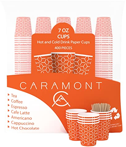 Caramont,7 Oz 400 Gobelets en Carton avec Agitateurs en Bois,Écologique et Jetables,Résistant à la Chaleur,pour la Boisson Froide et Chaude en Carton de Qualité,Ideal pour Café,Thé,Anniversaire,etc.