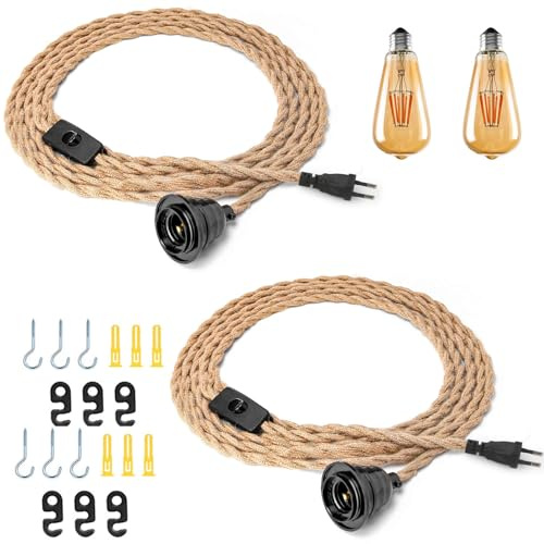 Plug in Pendant Light, 4.5m Cord Vintage Hanging Lights Kit, DIY with Socket On-Off Rope Pendant Light E27 Lamp Holder Suspended Kit (Including E27 Retro Light Bulb) for Courtyards, Homes