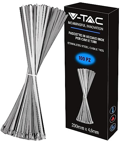 V-TAC Kabelbinder aus Edelstahl für Kabel Größe 4,6 mm x 200 mm – Packung mit 100 Stück – Mehrzweck-Kabelbinder – Kabelhalter für Elektriker, Mechaniker, Eisenrohre