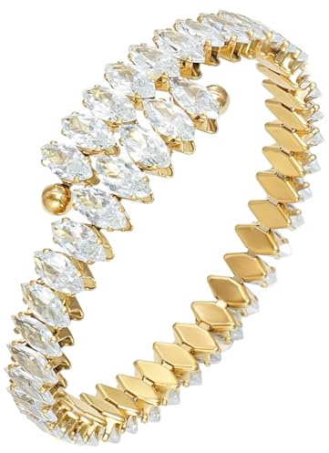 Wovanoo Rhinestone Cuff Bracelet Cubic Zirconia Tennis Bracelets Open Adjustable Bangle for Women Gold White