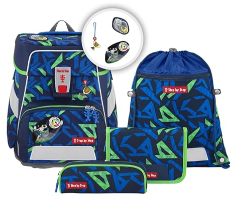Step by Step Schulranzen-Set Space Soccer Ben, 5-teilig, blau-grün, Fußball-Design, ergonomischer Tornister mit Reflektoren, höhenverstellbar mit Hüftgurt, ab der 1. bis 4. Klasse, 20l