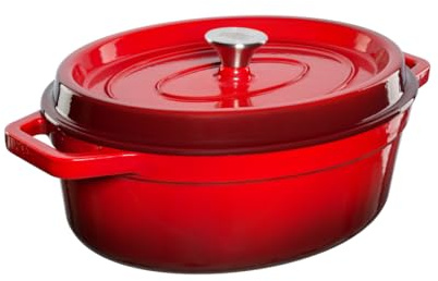 GRAND FEU Marmite en fonte émaillée avec couvercle et larges poignées - Cocotte ovale pour sauces à l’avoine, soupes - capacité 5.6L, Rouge