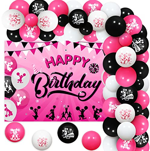 Cheerleading-Geburtstagsparty-Dekorationen für Mädchen, Cheerleading-Geburtstagsparty-Zubehör, Pink und Schwarz, Cheerleader-Ballongirlande, Alles Gute zum Geburtstag-Hintergrund