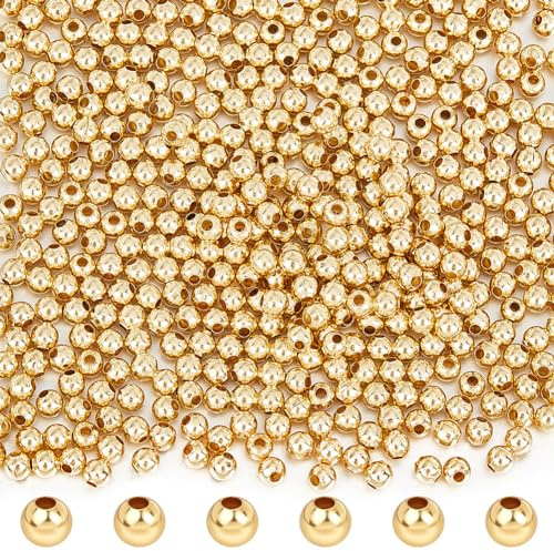 Beebeecraft 1 Box 500 Stück Hohl Runde Perlen 24K vergoldetes Edelstahl 4mm runde glatte lose Perlen für DIY Handwerk Armband Halskette Schmuckherstellung Zubehör