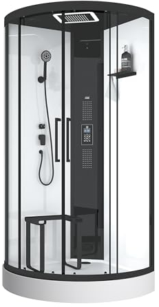 Marwell Cabina de ducha de vapor Spa Round 95 x 95 x 218 cm, juego completo con bañera acrílica y grifo, con ducha de lluvia LED, radio y altavoz Bluetooth