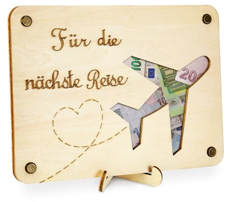 TAKULA Flugzeug Spardose 20x15cm Holz Geldgeschenk Reise Geburtstag | Flugzeug-förmige Holzspardose mit Münzeinwurf. Für Reisende, Weltentdecker und Flugbegeisterte. Stabiles Holzmaterial
