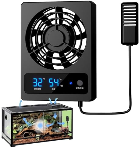 Arrovarp Reptile Cooling Fan with Smart Temp & Humidity Gauge, LED Display, Strong Wind Vent for Rainforest Terrarium, Vivarium, Dragon