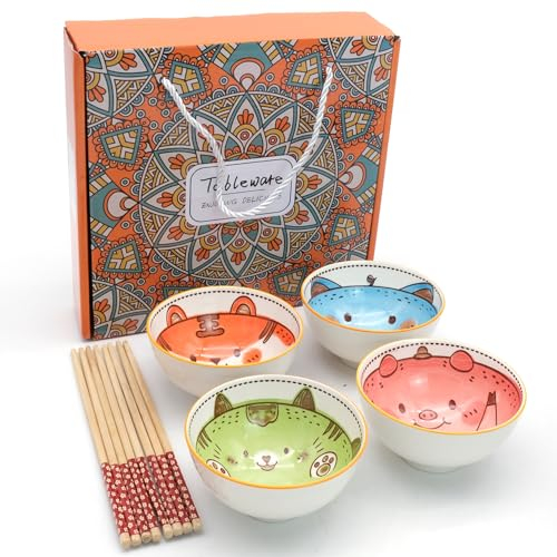 TULEBOLIAN 4pcs Ceramic Rice Bowls,Ceramic Small Bowls Dessert Bowl,Cereal Bowls,Cartoon Style,Serving Bowl Gift Set,Cute Bowl,10oz/300ml,for Oatmeal,Ice Cream,Salads,Soups