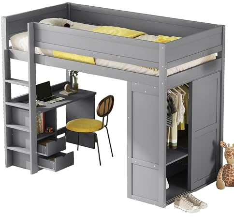 Azkoeesy Kiefernholz Hochbett mit Schreibtisch 90 x 200 cm, Kleiderschrank, Einzelbett, Jugendbett, mit Lattenrost und Stauraum, Fallschutz, Etagenbett, für Erwachsene, Grau