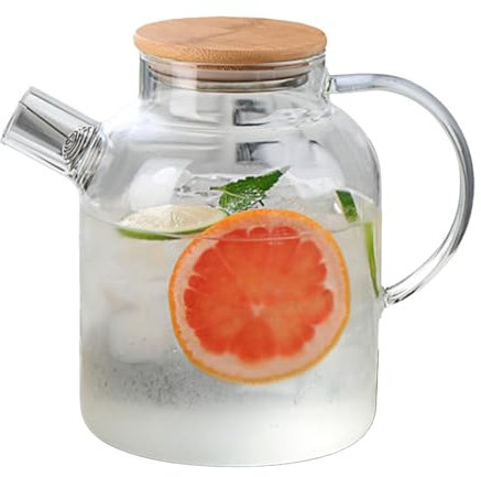 Qcwwy Wasserkrug aus Glas für den Haushalt, Hitzebeständiger Kühlschrankkrug für Heißes und Kaltes Wasser mit Griff und Holzdeckel, Eisteebehälter für Hausgemachte Getränke