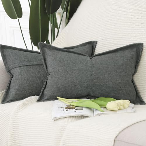 Madizz 2er Set Imitationsleinen Kissenbezügen mit breiter Kante Weiche dekorative Kissenbezüge für Sofa Schlafzimmer Kissenhülle Dunkelgrau 40x60 cm Rechteckig