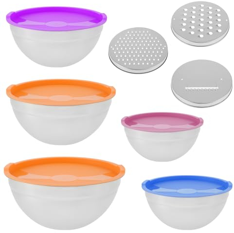 Lot de 5 Bols à Mélanger en Acier Inoxydable, Saladier Bol avec Coloré Couvercle Hermétique et Râpes, 4.1L/3.4L/2.5L/2L/1.4L Empilables et Lave-Vaisselle, Cuisson Essentiel Ustensiles de Cuisine