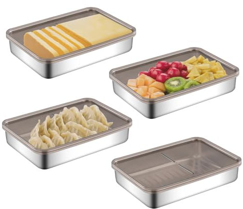 Qivine Set mit 4 Aufschnittboxen für Kühlschrank, Frischhaltedosen mit Deckel, Aufschnittbox Stapelbar Edelstahl Aufschnittdosen Lebensmittel Aufbewahrungsbox für Käse, Fleisch