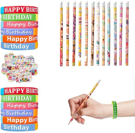 Cuyacili Set di 100 braccialetti in gomma con matite Happy Birthday e adesivi di compleanno per bambini, studenti, insegnanti