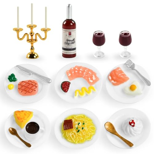 Miniatur Lebensmittel Puppenhaus, Miniatur Puppenhaus Zubehör Essen, Miniatur Steak Set, Miniatur rotweinglas, Miniatur kerzenhalter, Miniatur Wichtel Zubehör, für DIY Puppenhaus Dekor (10PCS)
