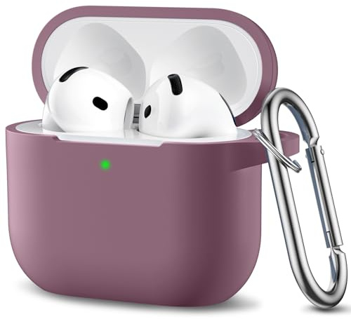 Ouwegaga Hülle Kompatibel mit Apple AirPods 4 Hülle 2024 - Weiches Silikon Schutzhülle für AirPods 4 Case, Stoßfeste Hülle für AirPods 4 Generation, Front-LED Sichtbar, Mit Karabiner,Rauchiges Violett