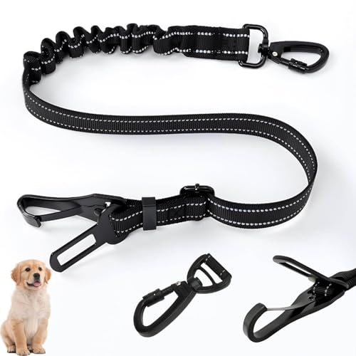 WUGAUWOR Ceinture Chien Voiture 3 en 1, Harnais pour Chien Noir en Tissu élastique Réfléchissant en Nylon, Attache avec Crochet à Clip et Boucle, Mousqueton en Alliage, Laisses pour Chiens Chats