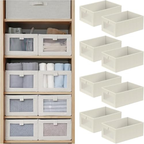 HOTOOLME Wardrobe Organiser Foldable Linen Drawer Storage Box 8 Pack | with Clear Window,Fabric,for T-Shirts,Jeans,Underwear,Books