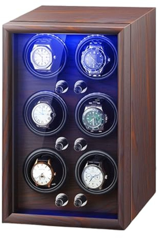 Scatola orologio a carica automatica in legno,Caricatore per orologi 6 Girare orologi,5 Modalità con Luce LED sportello trasparente in acrilico,con Motore Silenzioso,Regalo agitatore per orologi