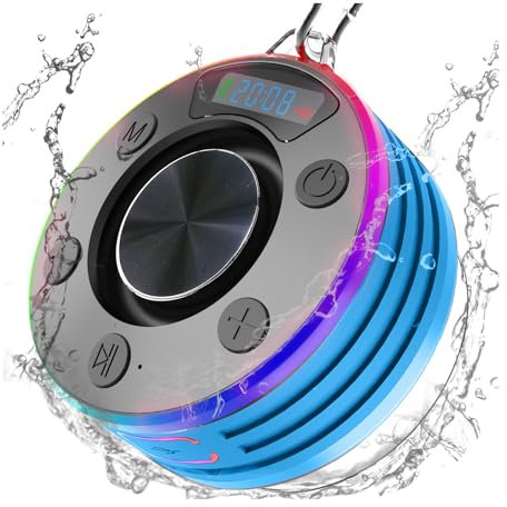 Gotrain Bluetooth Duschlautsprecher IPX7 Wasserdichter tragbarer Bluetooth-Lautsprecher mit RGB-Lichtern und Zeitanzeige, 360°-Surround-Sound, kabelloser Lautsprecher für