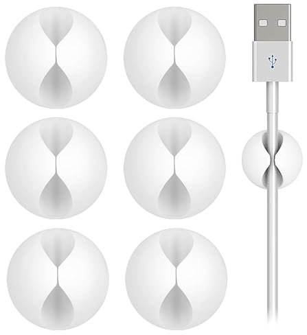 6 Pack Cable Holder Clips, Cable Tidy Clips, Cable Holders, Phone Cable Clips, Adhesive Silicone Desk Tidy Organizer, For Home, Office, Car, Wall and Desk (White)
