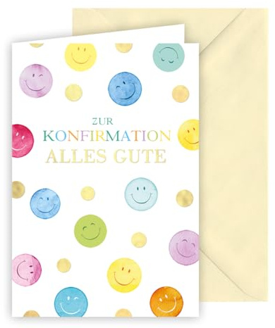 KE - Heitere und Bunte Geldscheinkarte zur Konfirmation, Smiley, Punkte, vanille, goldprägung, gold geprägter Text, mit Umschlag, Format: B6