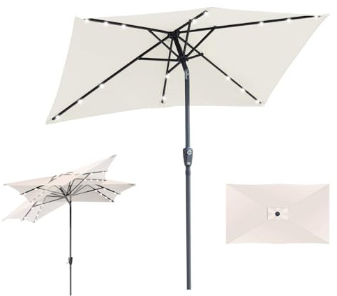 Fiqops Sonnenschirm LED Solar 210 x 140cm mit Kurbel | Sonnenschirm Rechteckig Sonnenschutz UV50+ Knickbar, Ampelschirm Terrassenschirm wasserdicht für Garten, ohne Ständer, Beige