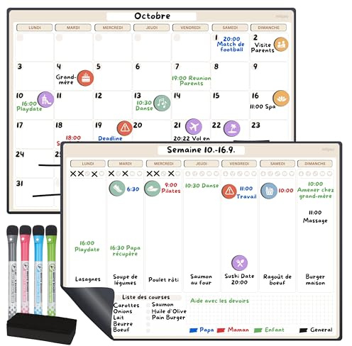 Milijou - Calendrier Magnétique pour Frigo A3 – Planning Mensuel et Hebdomadaire Effaçable – 42 Stickers Événements, 4 Marqueurs, 1 Gomme – Tableau Blanc Aimanté - Traqueur Bien-Être