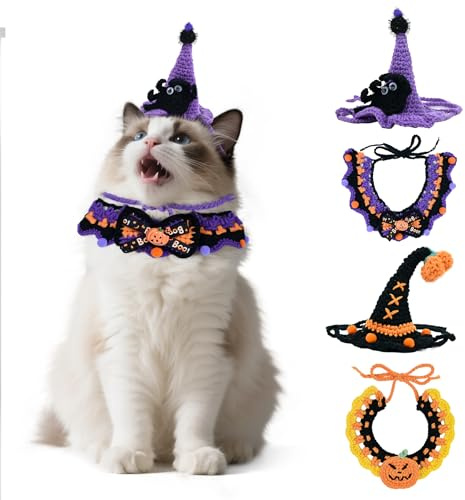 Whemyreat Halloween katzenkostüm für Katzen,Katzenhalsband mit Kürbis, Cute Cat Collar,Katzenaccessoire,Katzen Bandana und Halloween Partyhut für Hund,für Kätzchen und Einige Welpen