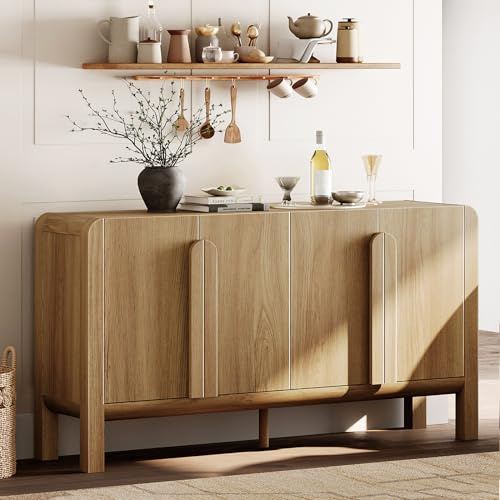 WAMPAT 63 W Large Buffet Sideboard Cabinet with Storages, Modern Buffet Table Coffee Bar Wine Bar Storage Curved Cabinet with 4 Doors for Dining Room, Living Room, Kitchen, Light Walnut
