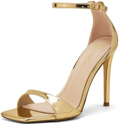 GENSHUO Sandal Heels for Women, Strappy High Heels with Sparkly Rhinestones, 4-Inch Stilettos Square Open Toe Dressy Sexy Shoes for Prom Wedding Party