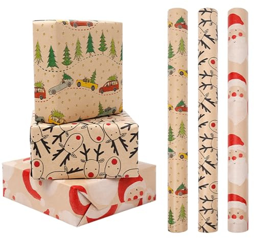 Geschenkpapier Weihnachten kinder, XINOUKJ 3 Rollen Weihnachtsgeschenkpapier Set 43 cm x 3 M, Recycelbares Kraftpapier Weihnachtspapier Geschenkpapier für Weihnachts Geschenkverpackung