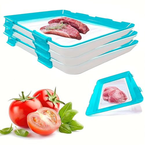 Storage Trays Food Preservation Tray,12x8.6 Red Vacuum Stackable, Organization and Storage Food,Buckle Reusable Fresh Tray Storage for Food Preservation (Blue-3PCS)