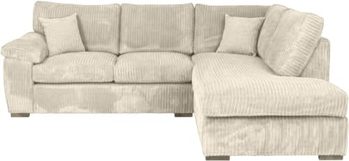 Bliss Furniture Amalfi Jumbo Cord L-Shape 4 Seater Corner Sofa for Family Living Rooms – Right-Hand Chaise, Corduroy, Birch Frame, Memory Foam – High Back Sectional Couch (Cream, Right Hand Corner)