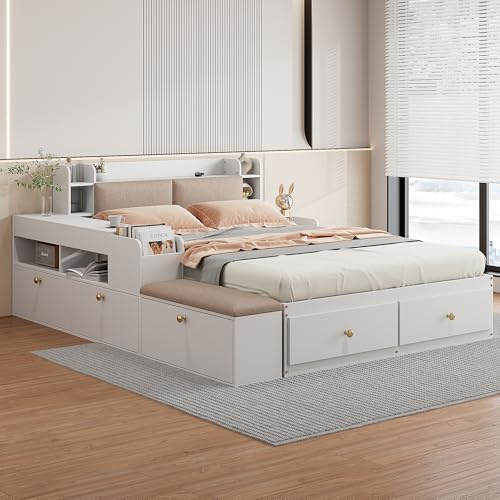 RIAZOS Doppelbett Holzbett 140x200, Massivholz Bettgestell mit Schubladen Nachttisch Stauschrank Sofabank, Kopfteil mit Regal, Stauraumbett Jugendbett Erwachsenenbett, ohne Matratze, Weiß