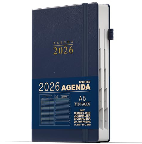 DeDe Bee Kalender 2026 Terminplaner A5 Agenda, Mehrsprachiges, 1 Tag pro Seite und Monatsplan Insgesamt 416 Seiten, Innentasche, Elastischer Verschluss, Hardcover (Blau)