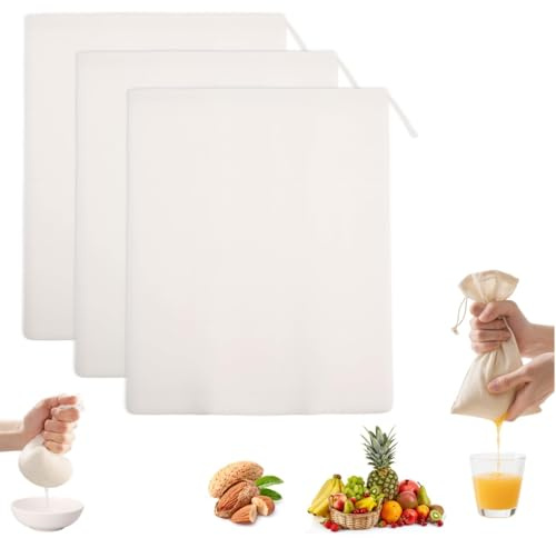 3 Pcs Cotton Muslin Straining Bag Reusable Fine Mesh Filter Bags Cheese Cloth Bags Natural Unbleached Cotton Cloth Food Strainers for Nut Milk, Juice, Yogurt, Cheese, Cold Brew Tea & Coffee