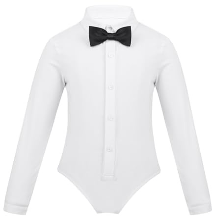 Riismen Costume De Ballet Garçons Enfant Body De Danse Latine Combinaison Justaucorps Gymnastique Danse Chemise Body Avec Nœud Papillon Blanc 8 ans