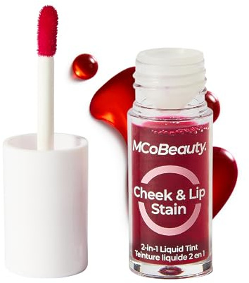 MCoBeauty - Cheek and Lip Stain 2-in-1 Tint - Buildable Rosy Red Colour with Vitamin B5 and More - Versatile Water-Based Blush and Lip Tint - Beauty Products