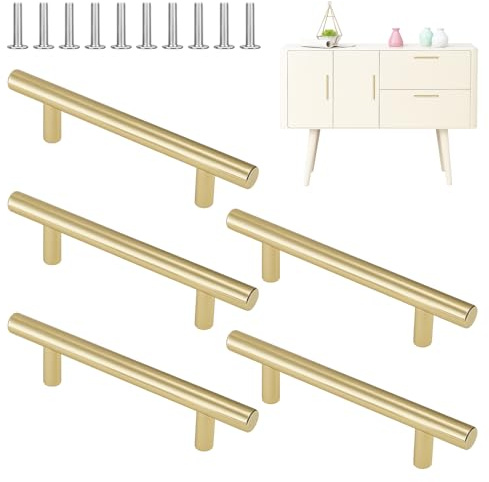 Musiook 5 Pack Modern Gold Handles for Drawers and Cupboards, Stainless Steel Kitchen Cupboard Handles, Elegant Brushed Gold Cupboard Handle for Cabinets, Wardrobes, Bathroom & Furniture Upgrades