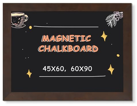DOLLAR BOSS Magnetic Chalk Board Solid Pine Wood Frame Blackboard 60x45cm | Chalkboard for Walls, Kitchen Chalkboard, Wooden Magnetic Board Notice Board, for Bar Cafe Menu and Office, Brown Frame