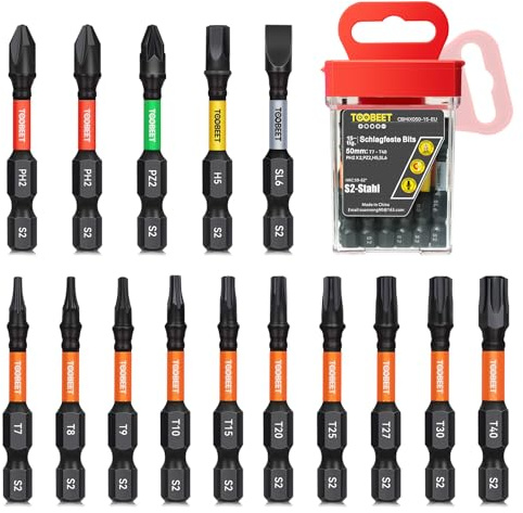 Toobeet Jeu de 15 Embouts de Vissage Professionnels 50 mm (Torx, PH, PZ, Hex, Fente), Acier S2 Magnétique, Embouts pour Visseuse à Choc, Tige Hexagonale 1/4 avec Boîte de Rangement