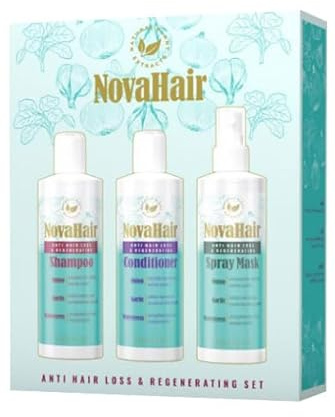 NovaHair Kit anti-chute et régénérant avec une combinaison d'extraits naturels de plantes tels que : oignon, ail et cresson aide à stimuler les racines des cheveux tout en réduisant la perte de