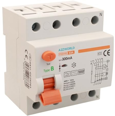 Interrupteur différentiel pur type B triphasé, sauveteur 300 mA 63 A, RCCB 3P+N 10 kA 380 V, 4 modules DIN, série PR8 HM électromagnétique, certifié IEC61008-1