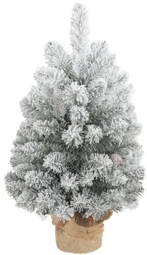 HOMCOM Mini Künstlicher Weihnachtsbaum 60 cm mit Schnee 6 Tannenzapfen | 72 Spitzen, Zementbasis, Tannenbaum Künstlich, Christbaum, Weihnachtsdeko, für Drinnen, Büro, Wohnzimmer
